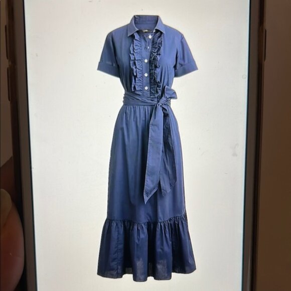 J CREW dark blue cotton maxi dress with ruffles. Large tie belt. Size 8T. - Picture 1 of 12